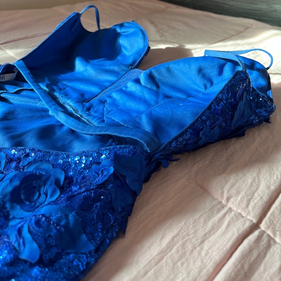 Blue Sequened Prom Dress, Floral Top, Open Back, Left Leg Slit - Picture 10 of 11